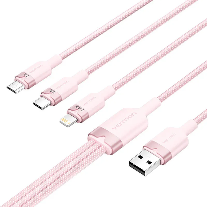 USB 2.0 A kuni 3-in-1 3A kaabel Vention CTPPG 1,5 m (roosa) universaalne