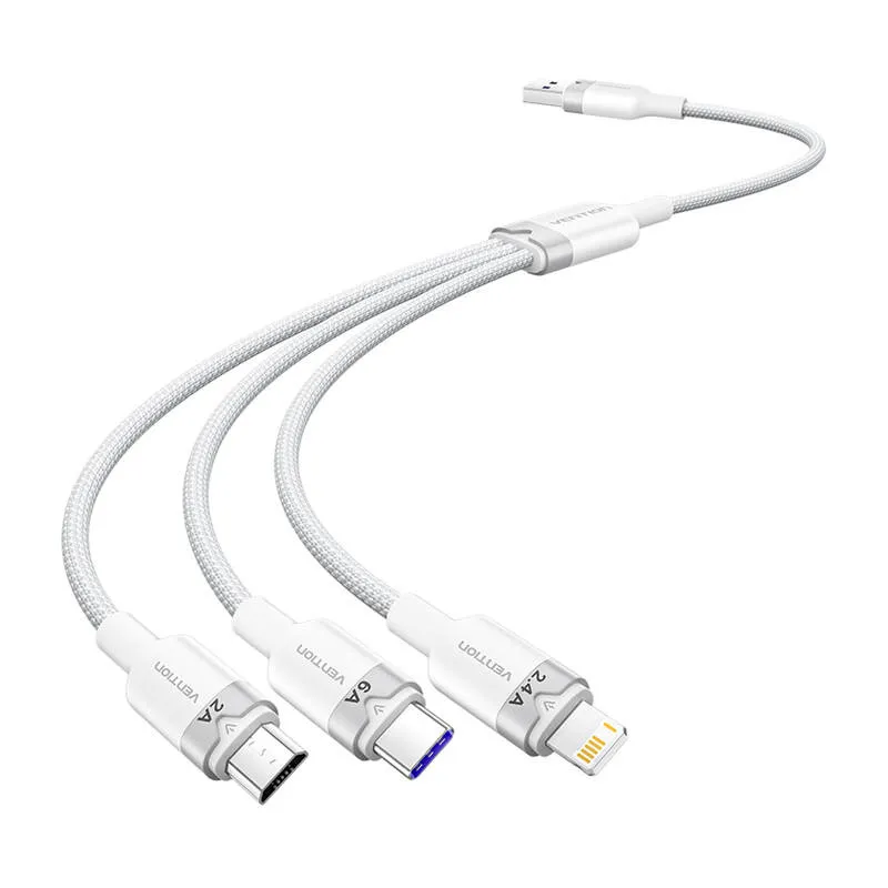 USB 2.0 A kuni 3-in-1 6A kaabel Vention CTRWG 1,5 m (valge) universaalne