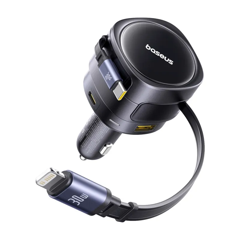 Baseus Enjoyment Max autolaadija USB-C+Lightning kaablite ja USB-A+USB-C portidega, 90W, must, universaalne