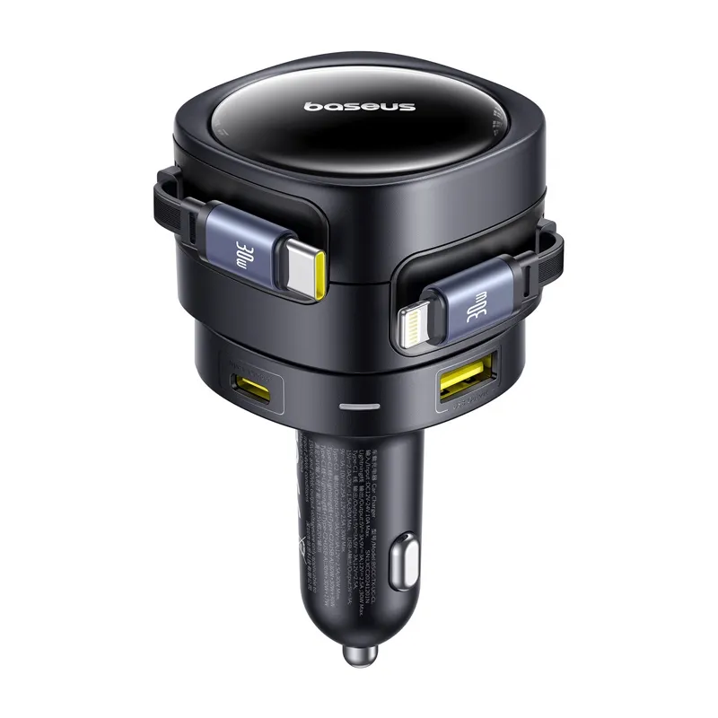 Baseus Enjoyment Max autolaadija USB-C+Lightning kaablite ja USB-A+USB-C portidega, 90W, must, universaalne