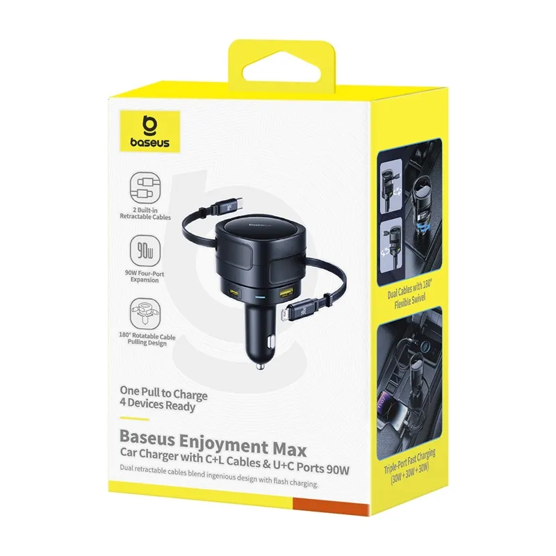 Baseus Enjoyment Max autolaadija USB-C+Lightning kaablite ja USB-A+USB-C portidega, 90W, must, universaalne