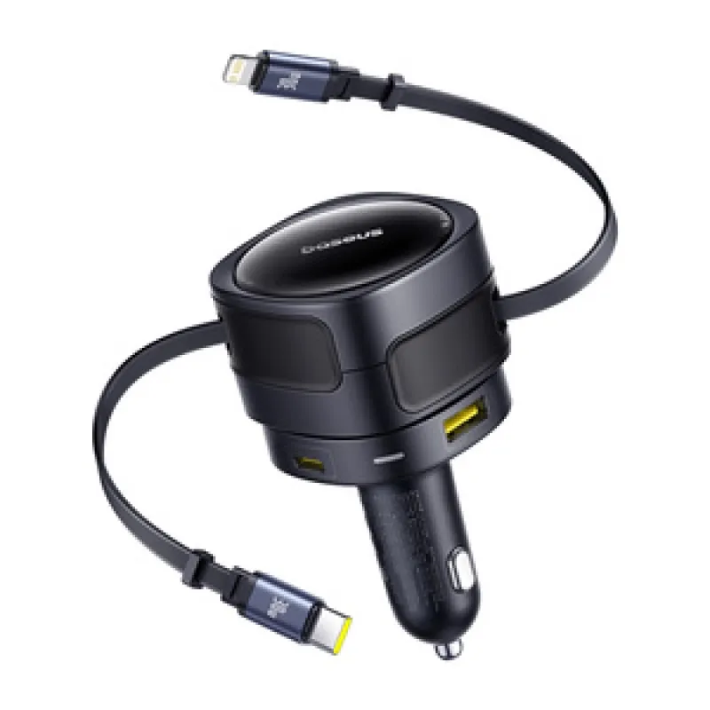 Baseus Enjoyment Max autolaadija USB-C+Lightning kaablite ja USB-A+USB-C portidega, 90W, must, universaalne