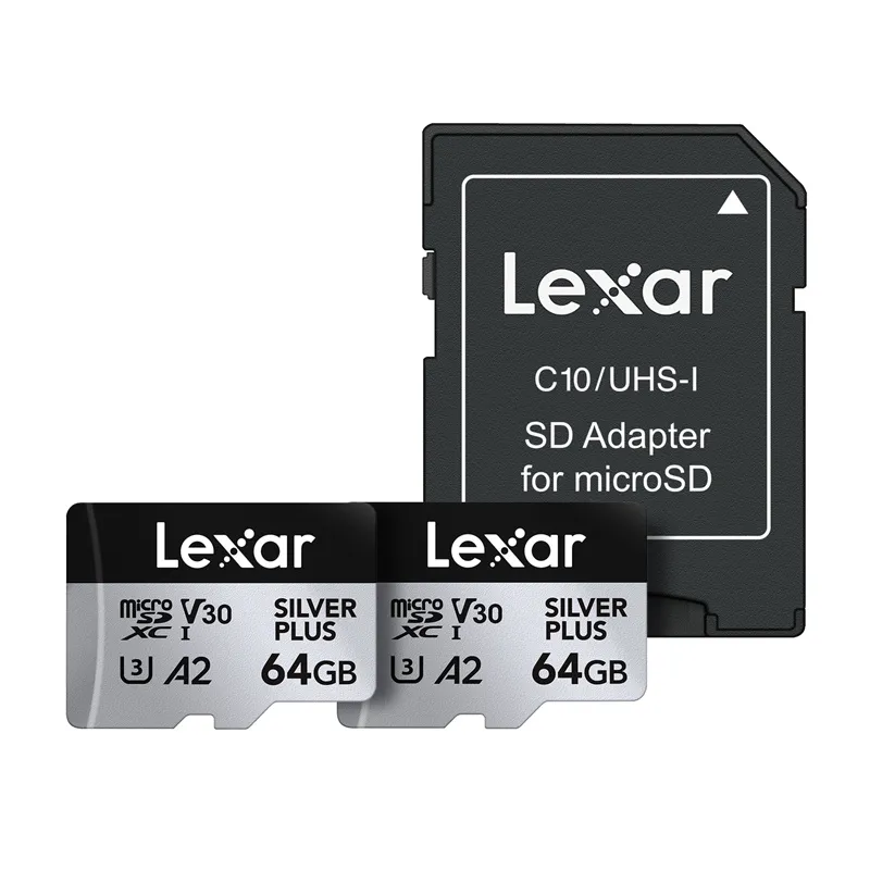 2-osaline Lexar High-Performance Silver Plus microSDXC 2x64GB mälukaartide komplekt + universaalne adapter