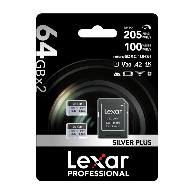 2-osaline Lexar High-Performance Silver Plus microSDXC 2x64GB mälukaartide komplekt + universaalne adapter