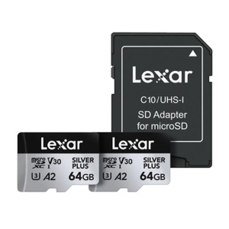 2-osaline Lexar High-Performance Silver Plus microSDXC 2x64GB mälukaartide komplekt + universaalne adapter