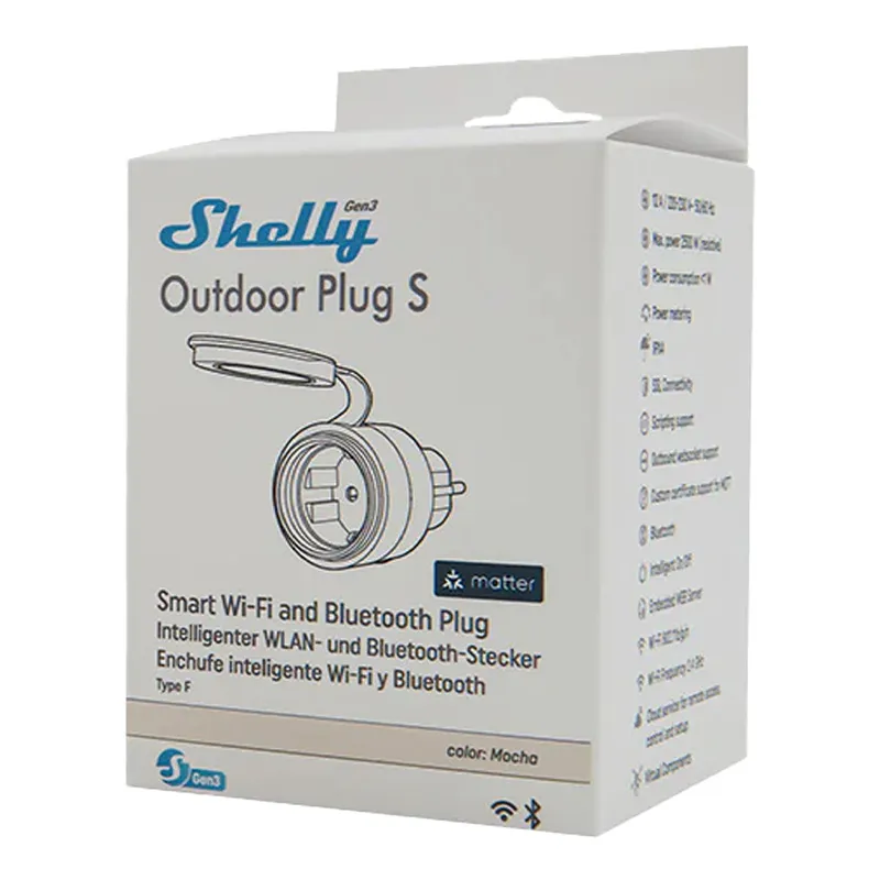 Shelly Plug S MTR Gen3 IP44 12A nutikas välistingimustes kasutatav universaalne pistik