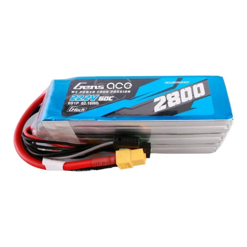 Gens ace G-Tech 2800mAh 22.2V 60C 6S1P Lipo-akku paketti XT60-liitännällä, universaali