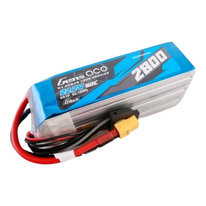 Gens ace G-Tech 2800mAh 22.2V 60C 6S1P Lipo-akku paketti XT60-liitännällä, universaali