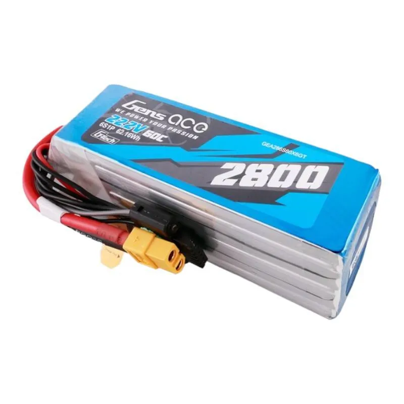 Gens ace G-Tech 2800mAh 22.2V 60C 6S1P Lipo-akku paketti XT60-liitännällä, universaali