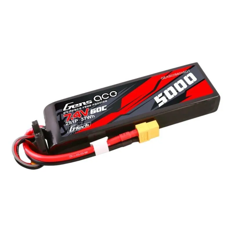 Gens Ace G-Tech 5000mAh 7.4V 60C 2S1P Lipo PC-materjalist korpusega ja XT60 pistikuga, universaalne