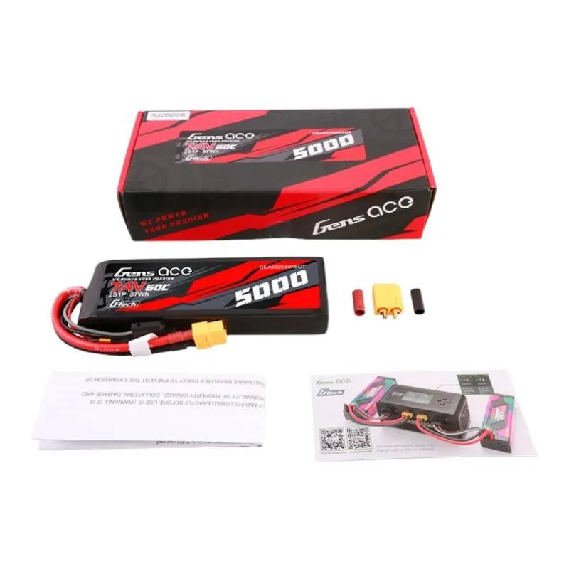 Gens Ace G-Tech 5000mAh 7.4V 60C 2S1P Lipo PC-materjalist korpusega ja XT60 pistikuga, universaalne