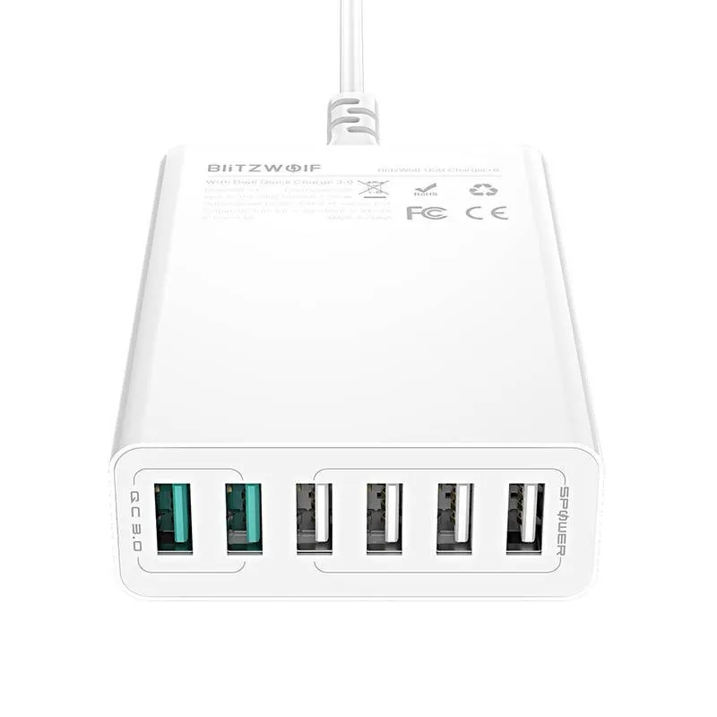 Laadija 6x USB Blitzwolf BW-S15, QC 3.0, 60 W (valge) universaal