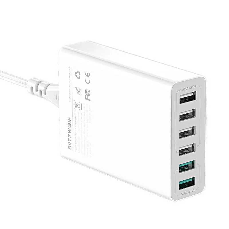 Laadija 6x USB Blitzwolf BW-S15, QC 3.0, 60 W (valge) universaal