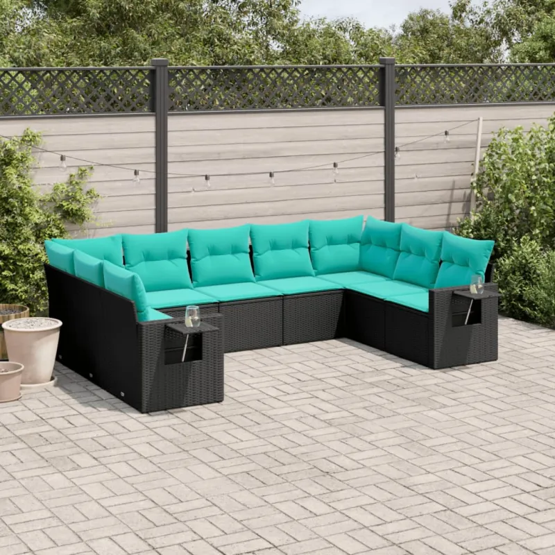 9 dalių sodo sofų komplektas su pagalvėlėmis, juodas, poliratanas