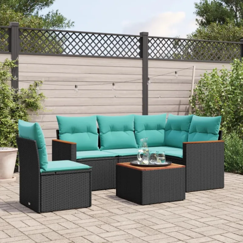 6 dalių sodo sofų komplektas su pagalvėlėmis, juodas, poliratanas