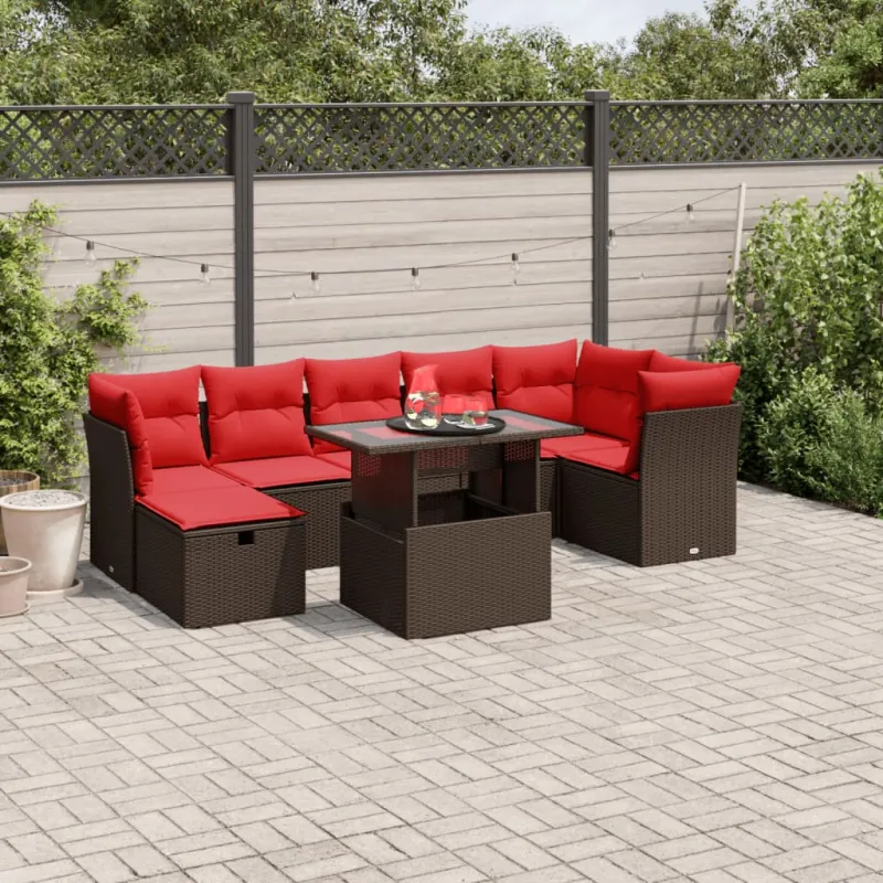 8 dalių sodo sofų komplektas su pagalvėlėmis, rudas, poliratanas