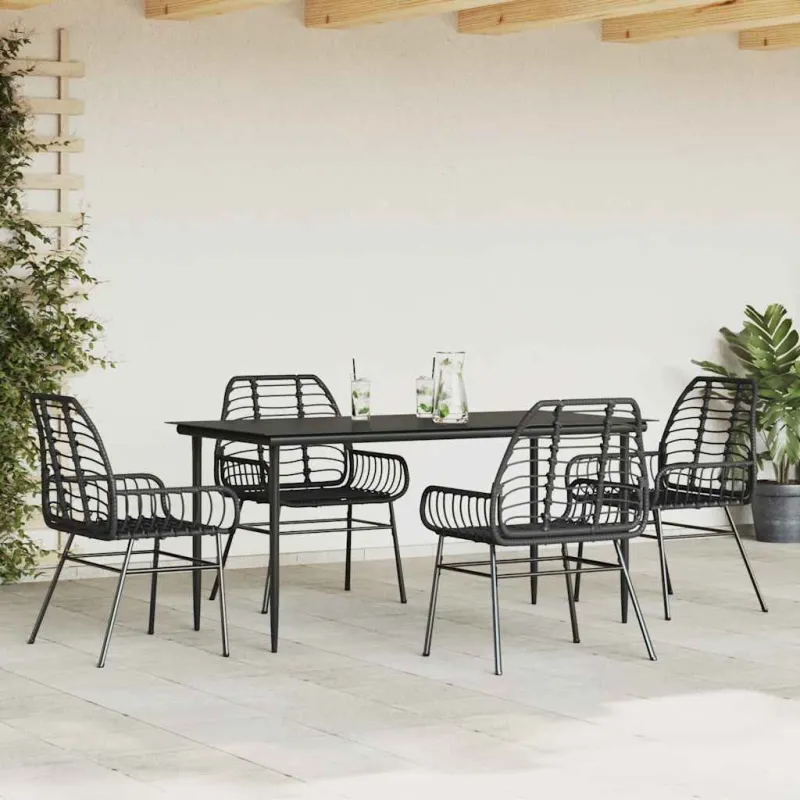 5 dalių sodo valgomojo baldų komplektas, juodas, poliratanas, stiklas