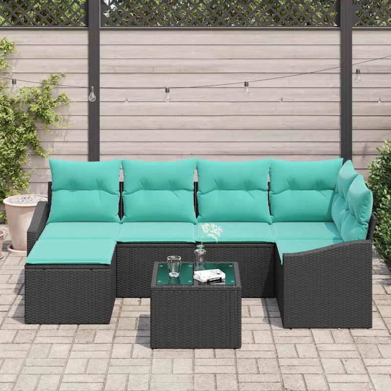Sofos komplektas su pagalve 7 pcs Juoda poliratanas
