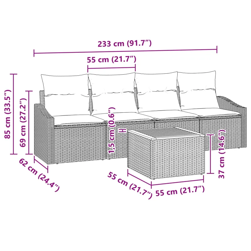 Sodo Sofų Rinkinys su pagalve 5 pcs Juoda poliratanas