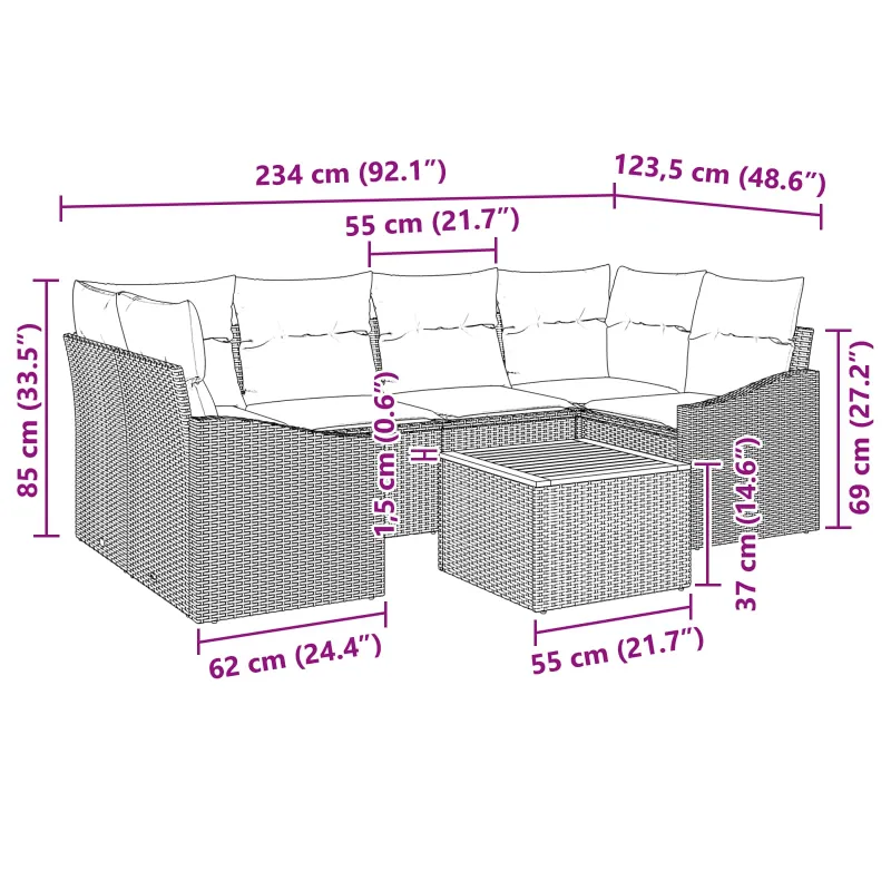 Sodo Sofų Rinkinys su pagalve 7 pcs Juoda poliratanas