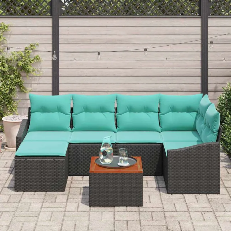 Sodo Sofų Rinkinys su pagalve 7 pcs Juoda poliratanas