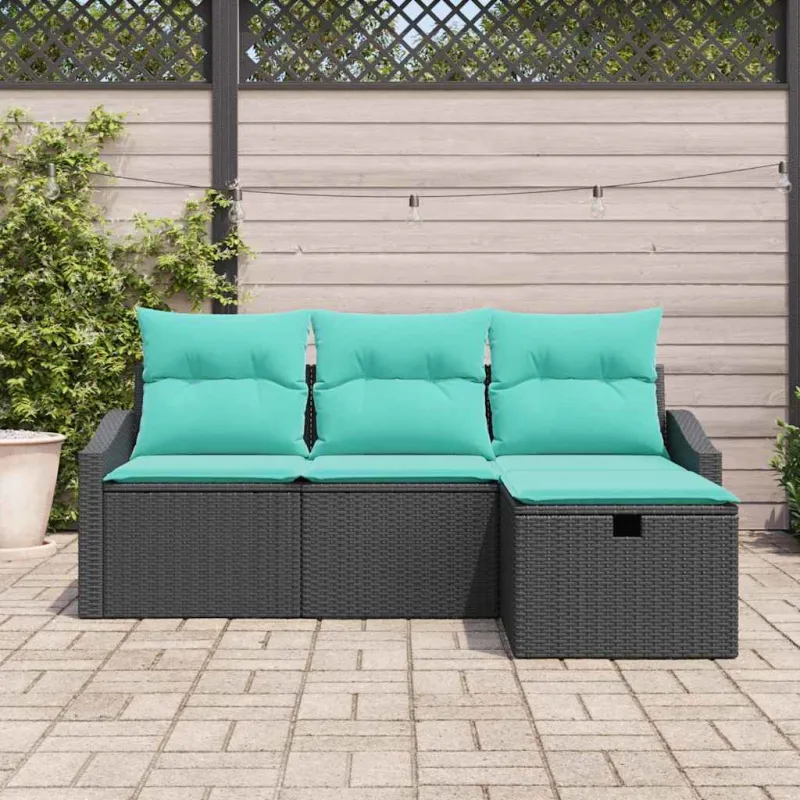 Sofos komplektas su pagalve 4 pcs Juoda Poli ratanas