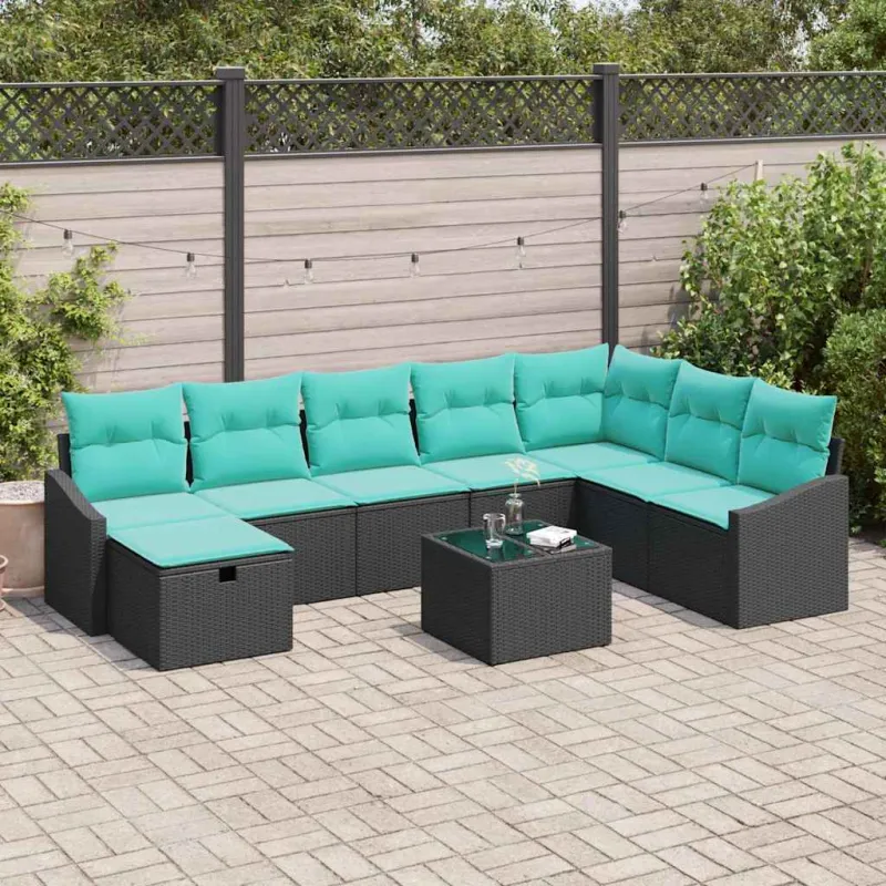 Sodo Sofų Rinkinys su pagalve 9 pcs Juoda Poli ratanas