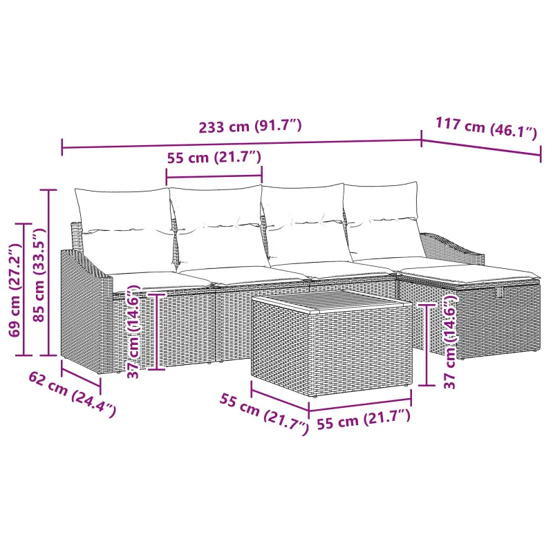 Sodo Sofų Rinkinys su pagalve 6 pcs Juoda poliratanas