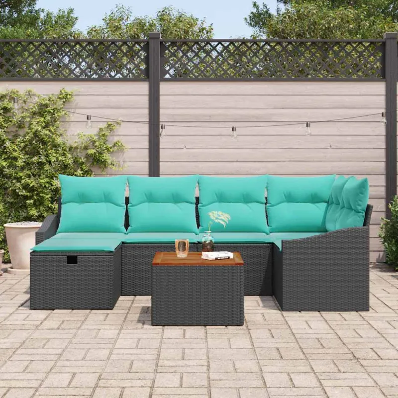 Sodo Sofų Rinkinys su pagalve 7 pcs Juoda poliratanas
