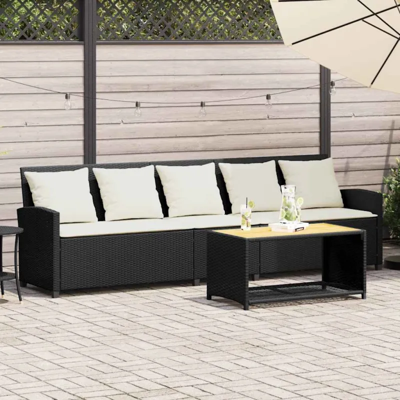Sodo sofa, 5 vietų, su pagalvėlėmis, juoda, poliratanas