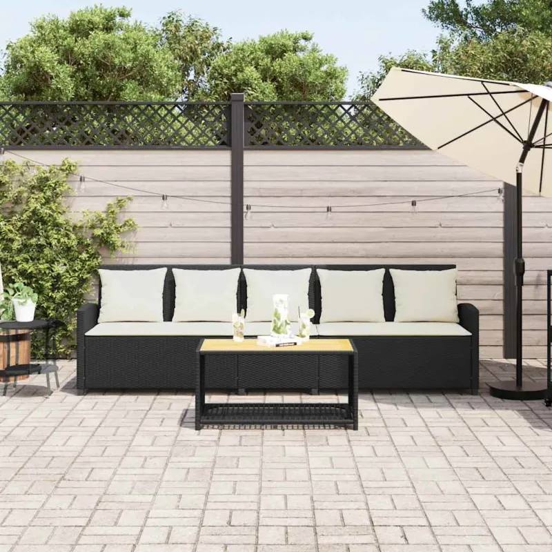 Sodo sofa, 5 vietų, su pagalvėlėmis, juoda, poliratanas