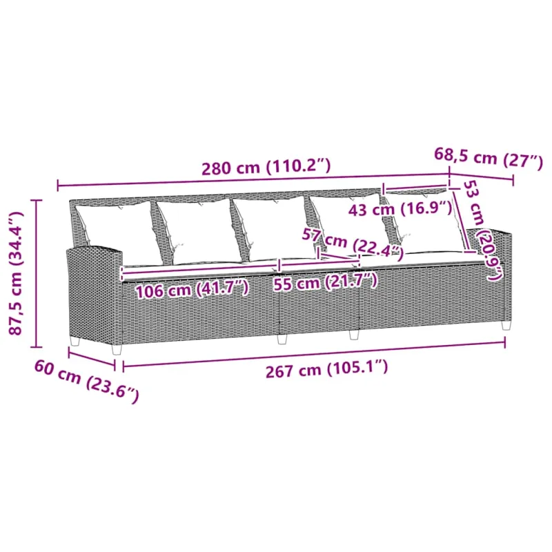 Sodo sofa, 5 vietų, su pagalvėlėmis, juoda, poliratanas