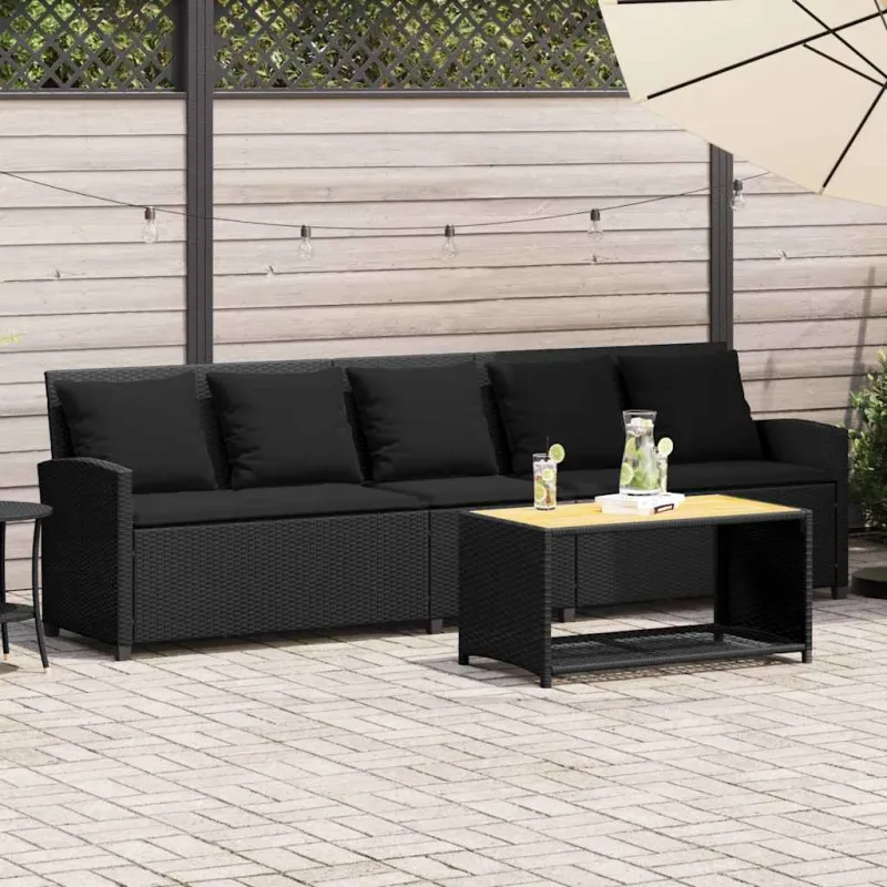Sodo sofa, 5 vietų, su pagalvėlėmis, juoda, poliratanas