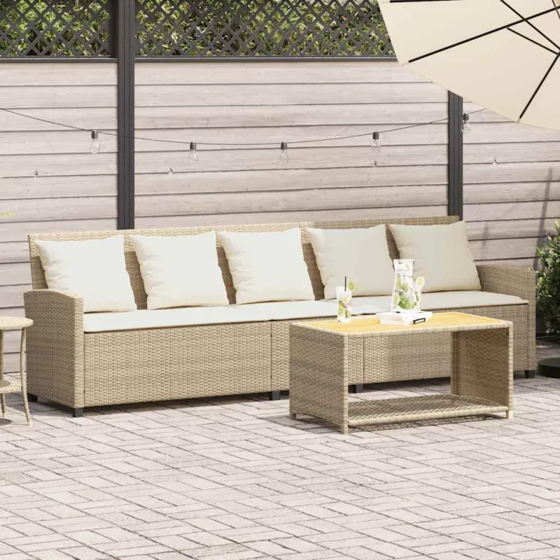 Sodo sofa, 5 vietų, su pagalvėlėmis, smėlio spalvos, poliratanas