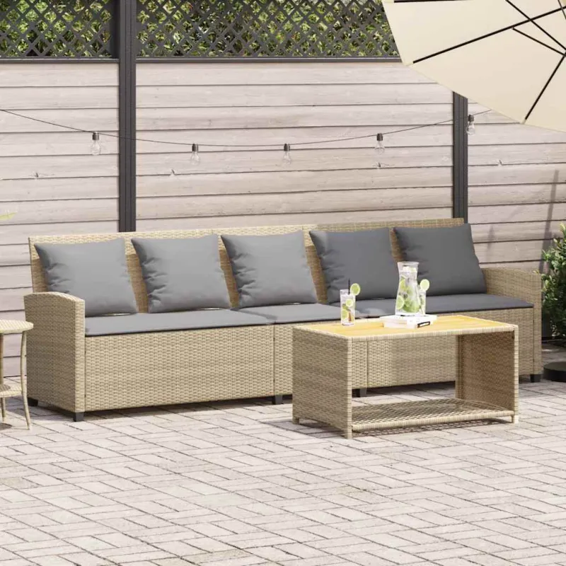 Sodo sofa, 5 vietų, su pagalvėlėmis, smėlio spalvos, poliratanas