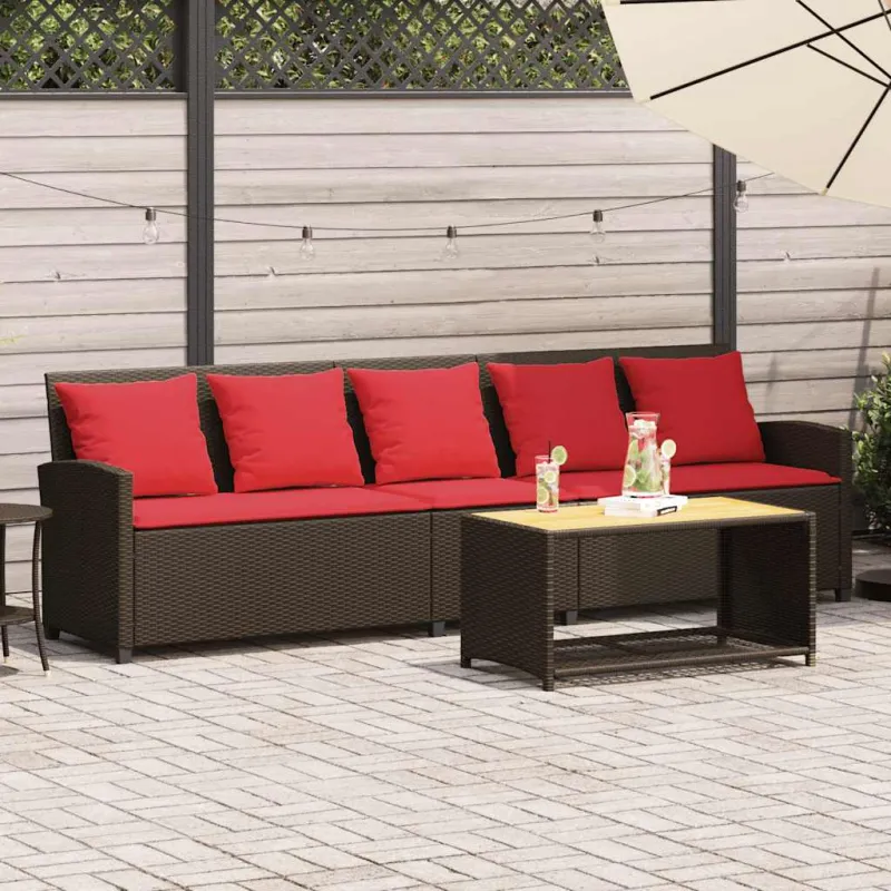 Sodo sofa, 5 vietų, su pagalvėlėmis, ruda, poliratanas
