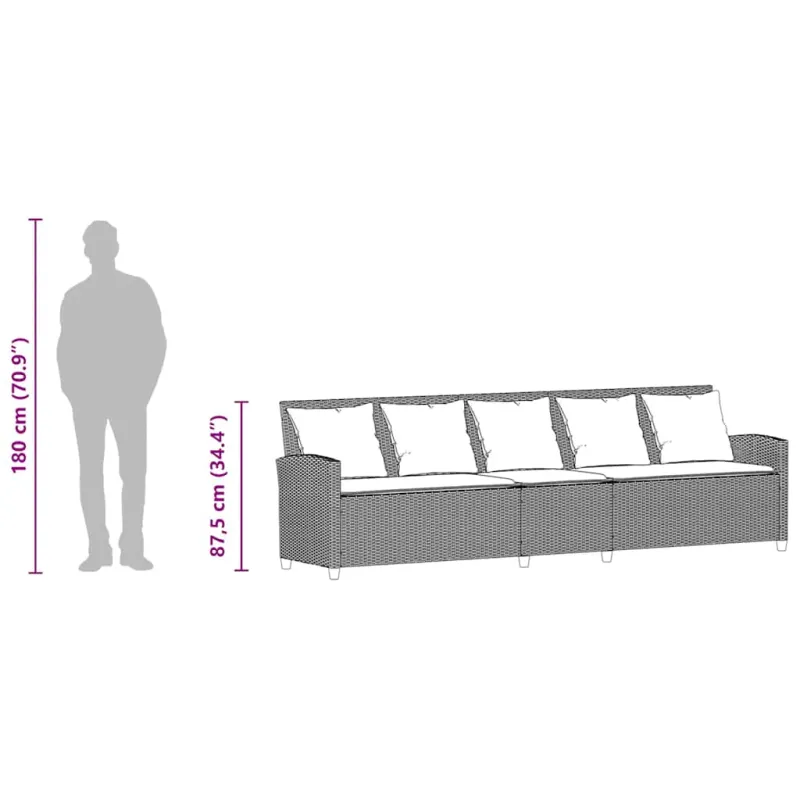 Sodo sofa, 5 vietų, su pagalvėlėmis, ruda, poliratanas