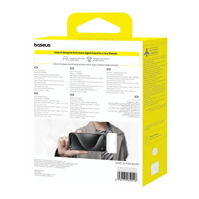 Baseus Compact 5000mAh Powerbank, 20W, USB-C (valge) universaalne