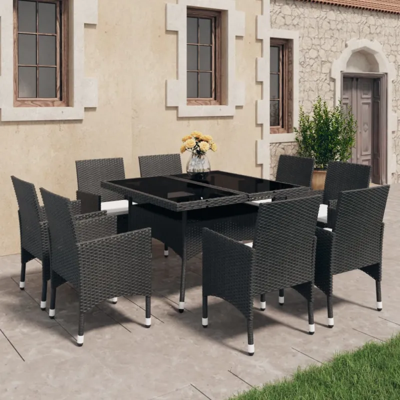 Ruokailuryhmä, 9 osaa, musta, polyratasta ja lasia