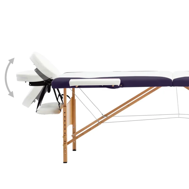 Sulankstomas masažo stalas, baltas/violetinis, mediena, 2 zonų