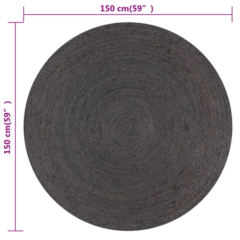 Kilimas, tamsiai pilkas, 150cm, džiutas, apvalus, rankų darbo