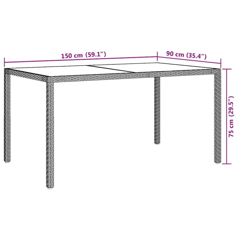 Sodo pöytätaso, hiekka, 150x90x75cm, karkaistu lasi/polyrattana