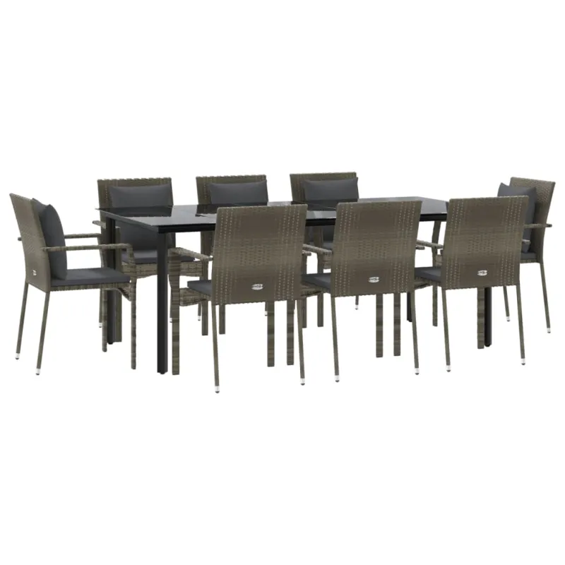 Sodo komplekti, 9 osaa, mukaan lukien tyynyt, musta/harmaa, rattan-tyylinen