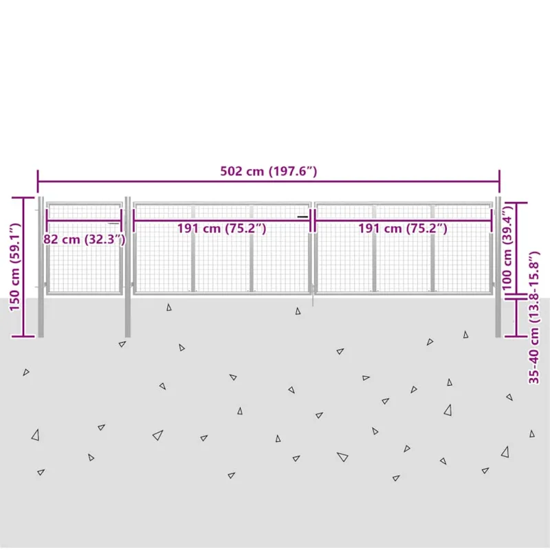 Sodo vartai, plieniniai, 500x100 cm, sidabriniai