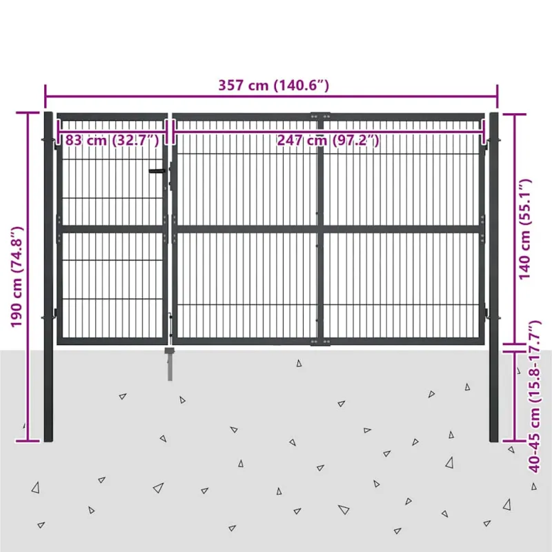 Sodo vartai su stulpais, antracito sp., 350x140 cm, plienas