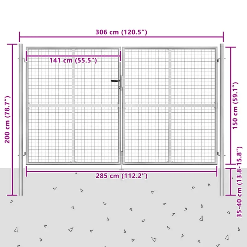 Sodo vartai, sidabrinės sp., 306x200cm, galvanizuotas plienas