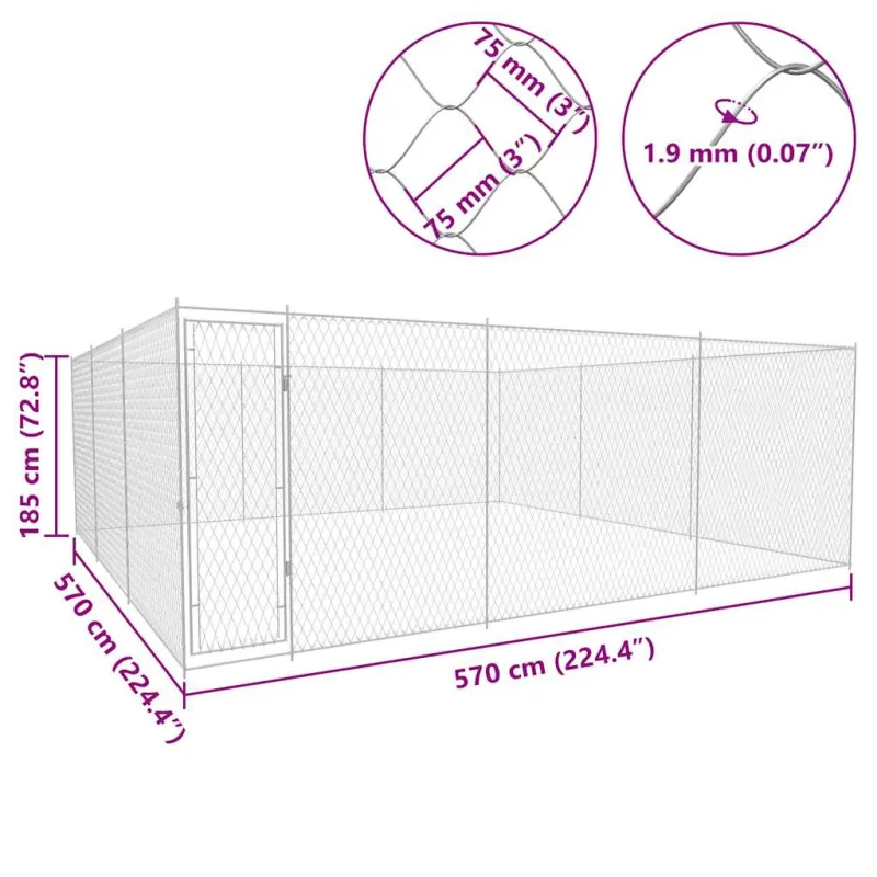 Lauko voljeras šunims, 570x570x185 cm, galvanizuotas plienas