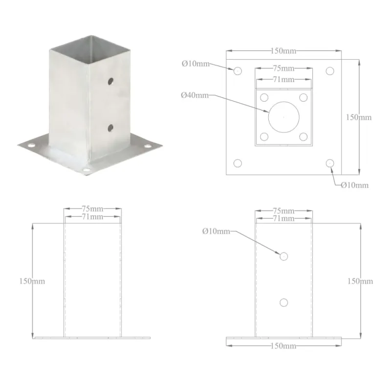 Stulpų pagrindai, 4vnt., galvanizuotas metalas, 71mm