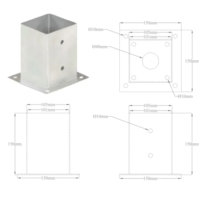 Stulpų pagrindai, 4vnt., galvanizuotas metalas, 101mm