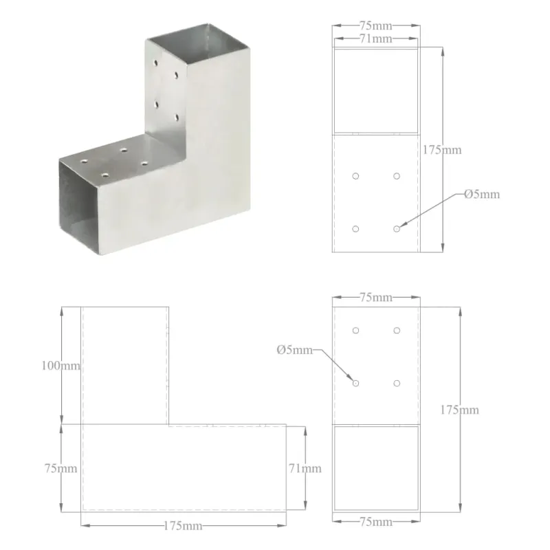 Stulpo sujungimas, 71x71mm, galvanizuotas metalas, L formos